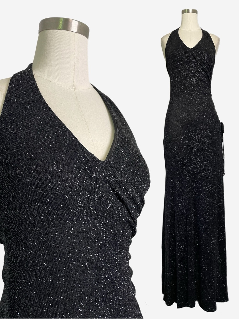 Vintage Y2K City Triangles black halter glitter ruched gown stretchy prom XS/S